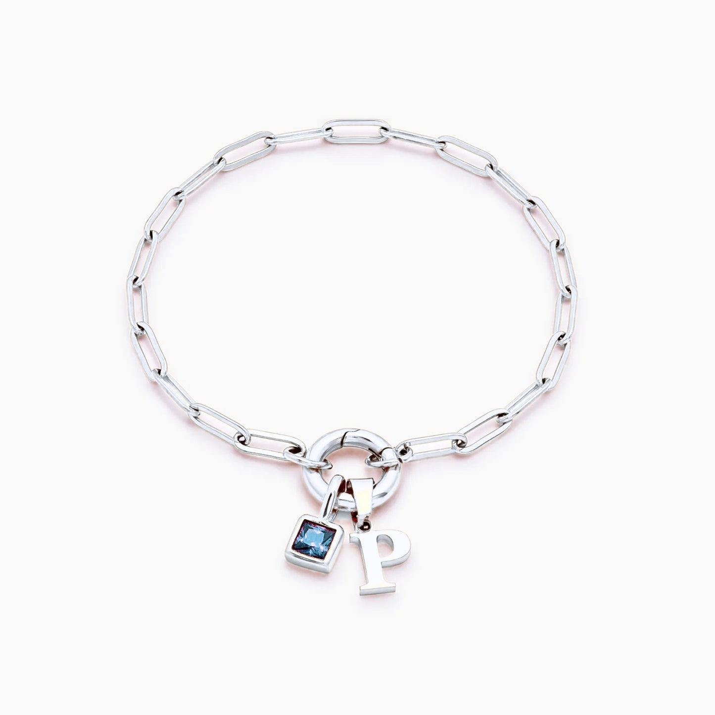 paperclip-initial-birthstone-bracelet — Silver / Dec-Blue Topaz
