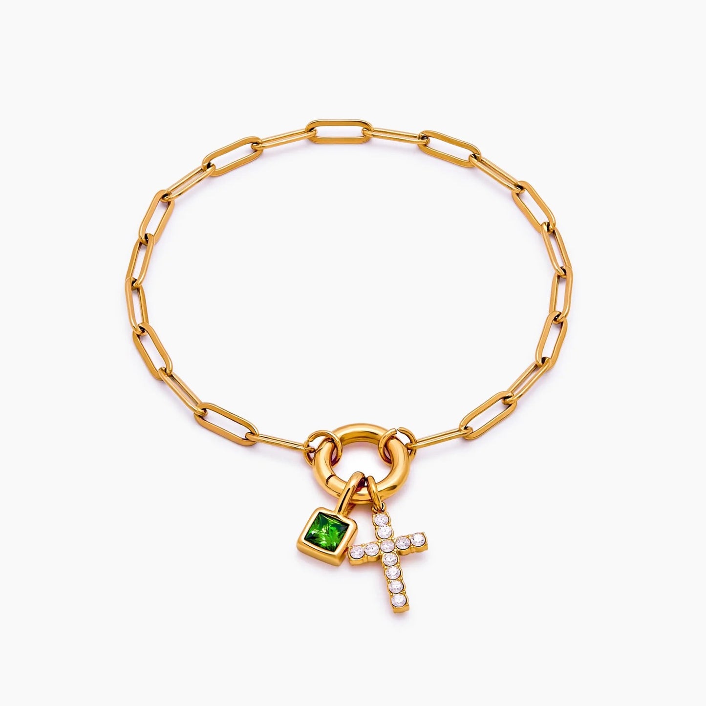paperclip-cross-charm-bracelet — Gold / Aug-Peridot