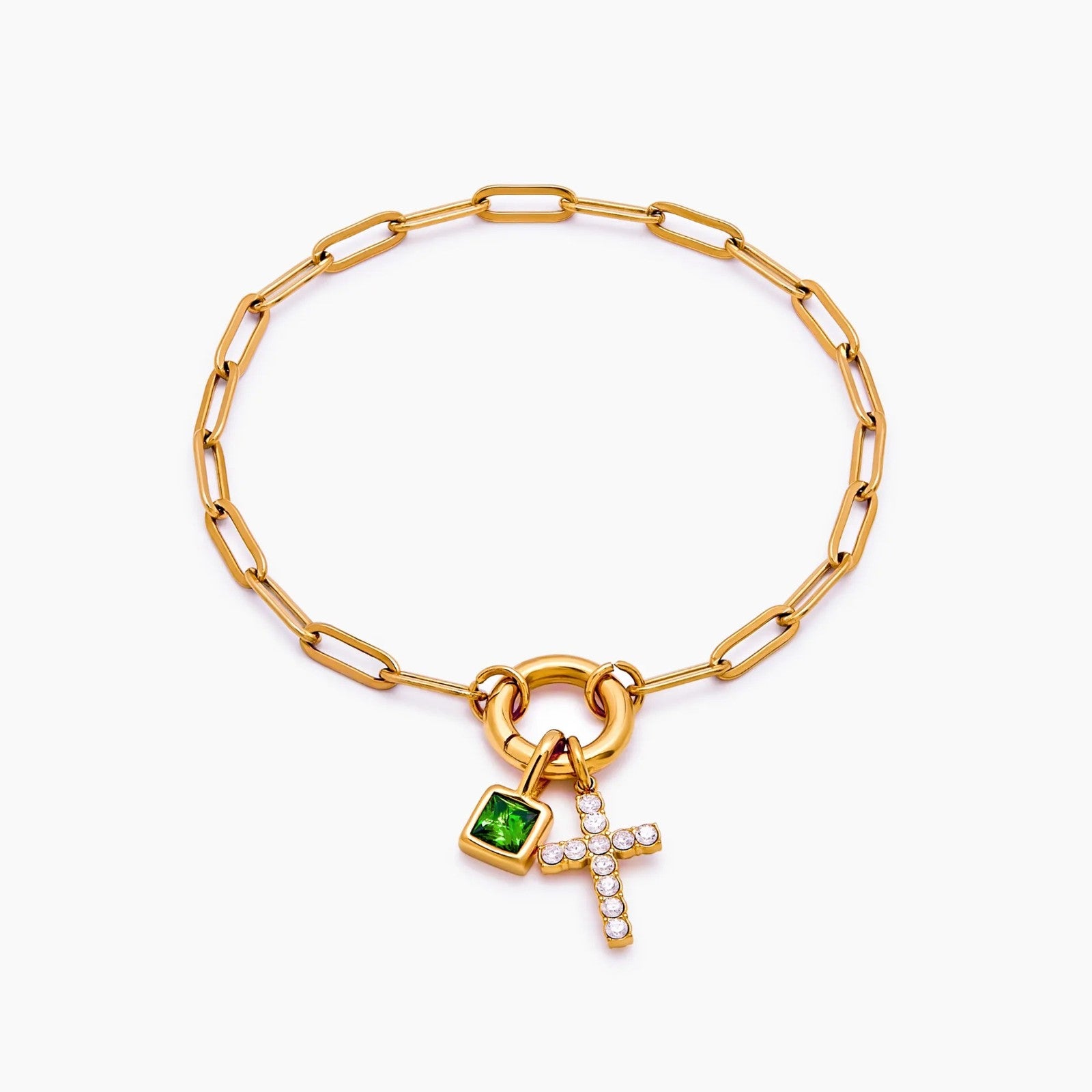 paperclip-cross-charm-bracelet — Gold / Aug-Peridot