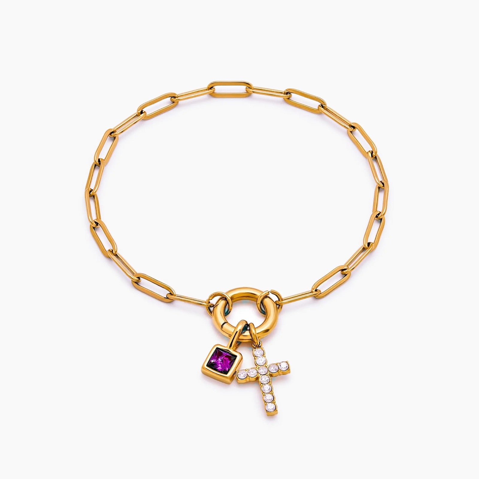 paperclip-cross-charm-bracelet — Gold / Feb-Amethyst