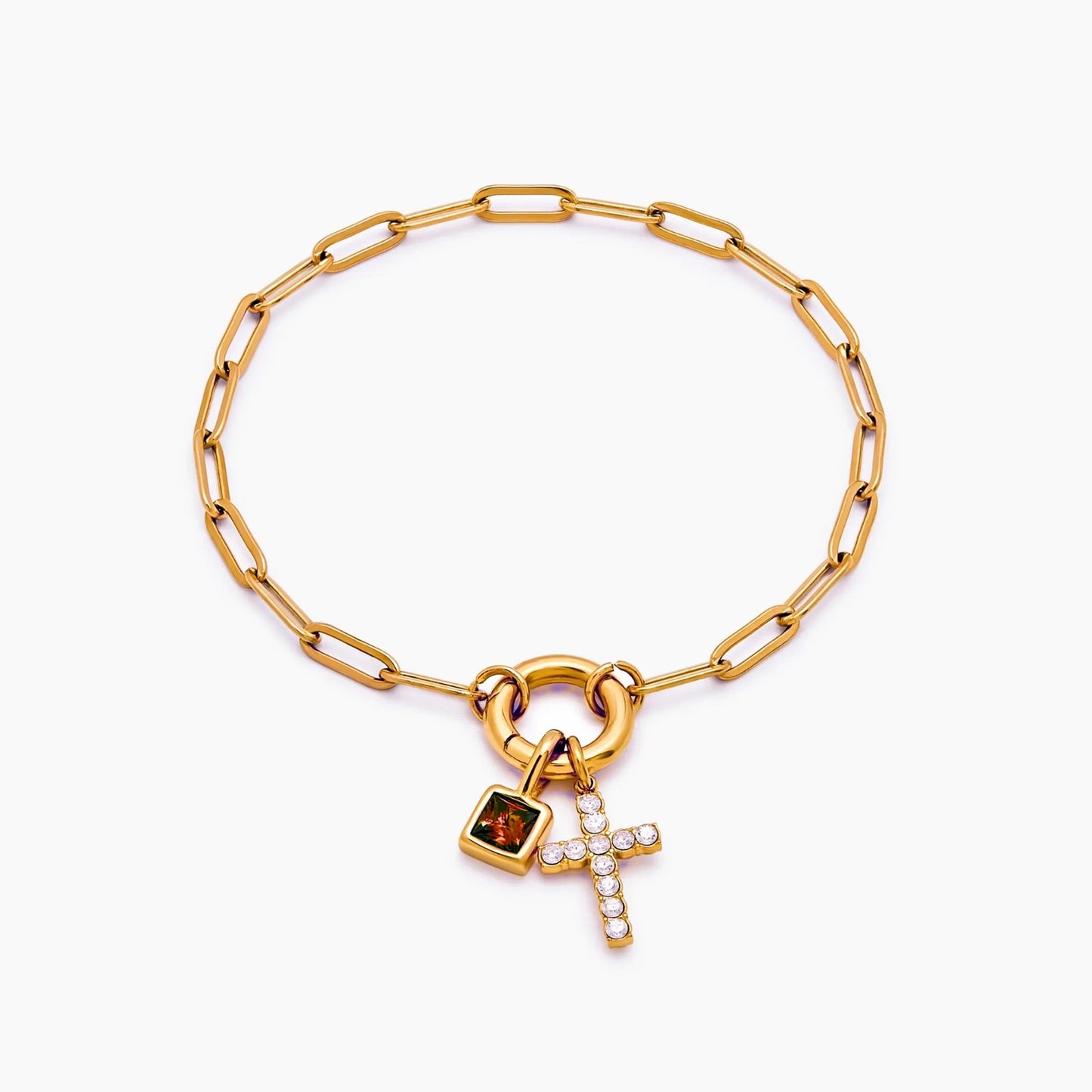 paperclip-cross-charm-bracelet — Gold / Jan-Garnet