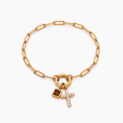paperclip-cross-charm-bracelet — Gold / Jul-Ruby