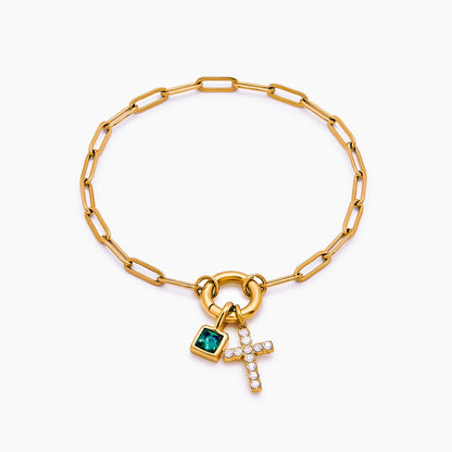 paperclip-cross-charm-bracelet — Gold / May-Emerald