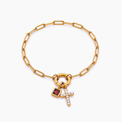 paperclip-cross-charm-bracelet — Gold / Oct-Pink Tourmaline