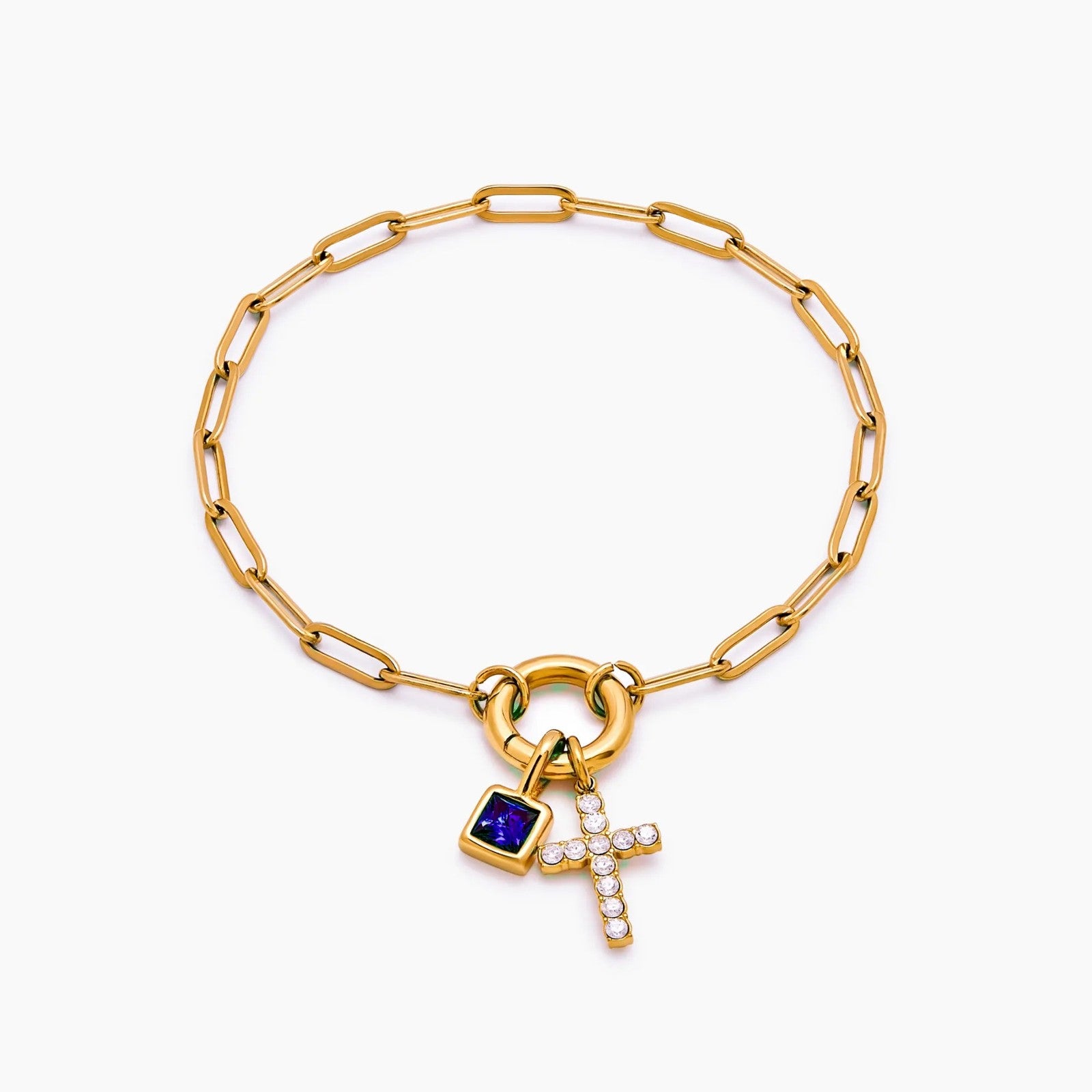 paperclip-cross-charm-bracelet — Gold / Sep-Sapphire