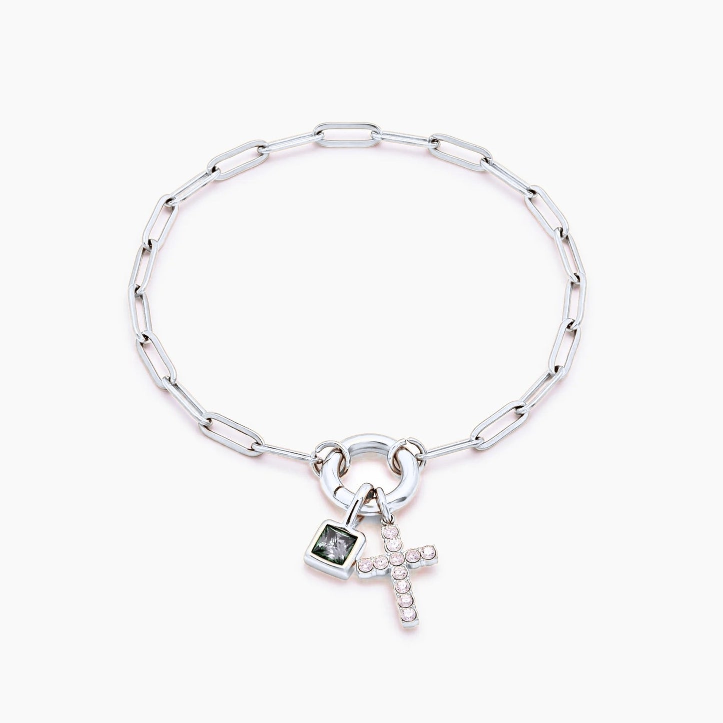 paperclip-cross-charm-bracelet — Silver / Apr-Diamond