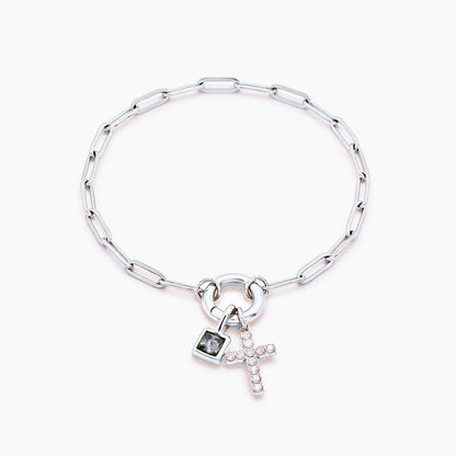 paperclip-cross-charm-bracelet — Silver / Apr-Diamond