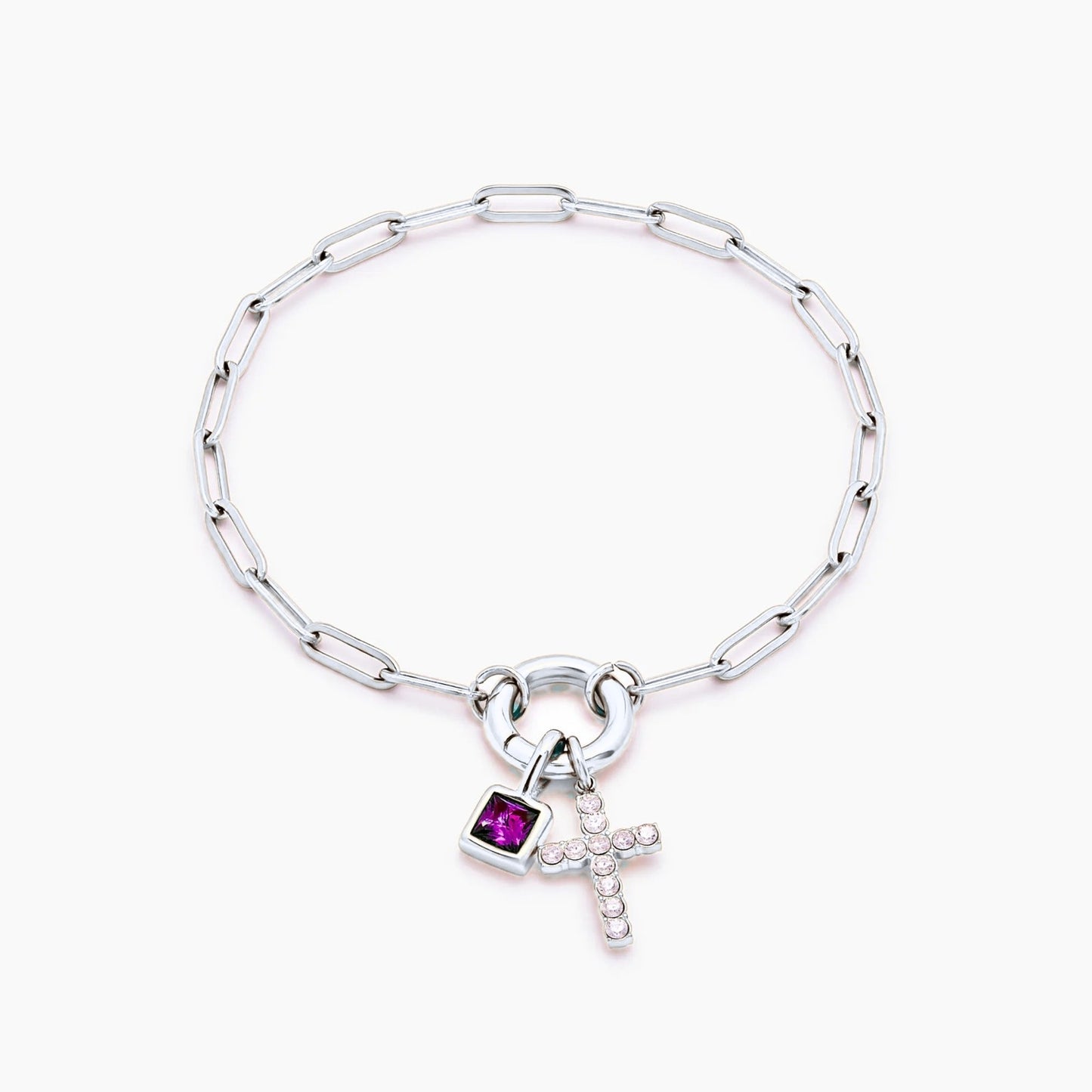 paperclip-cross-charm-bracelet — Silver / Feb-Amethyst
