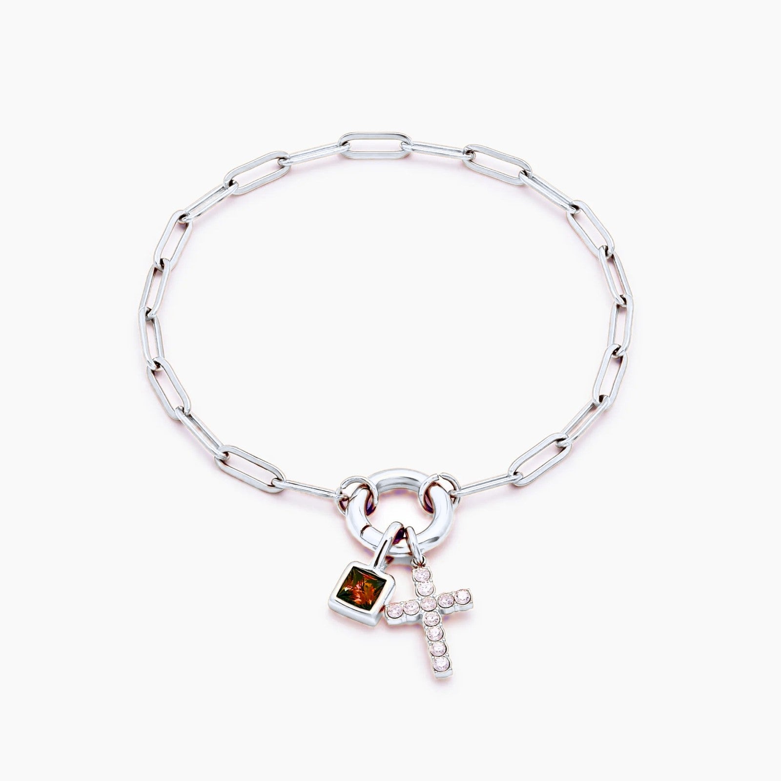 paperclip-cross-charm-bracelet — Silver / Jan-Garnet