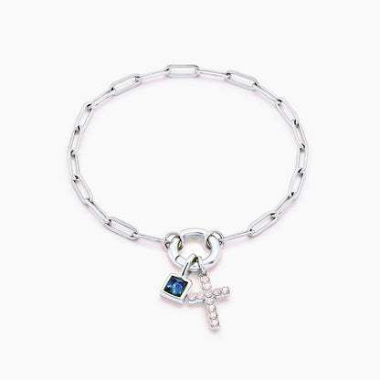 paperclip-cross-charm-bracelet — Silver / Mar-Aquamarine