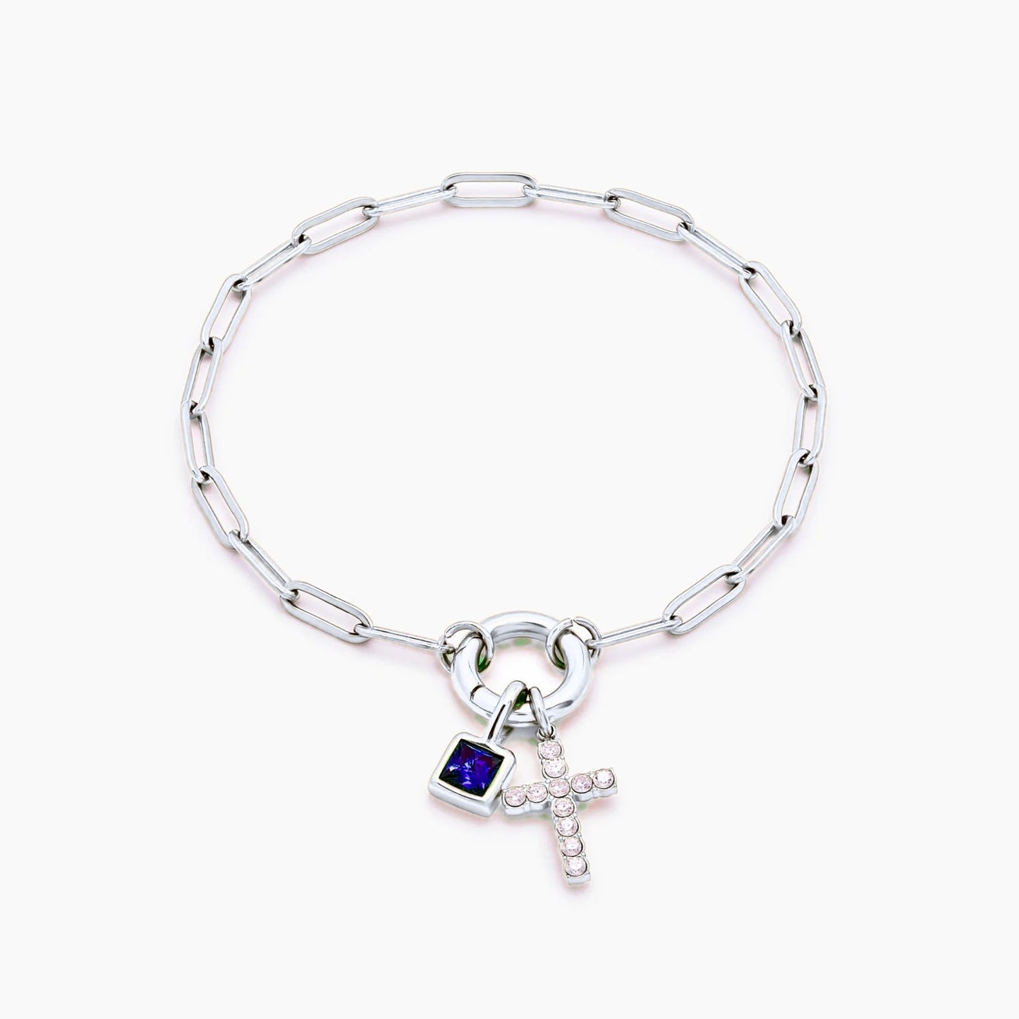 paperclip-cross-charm-bracelet — Silver / Sep-Sapphire