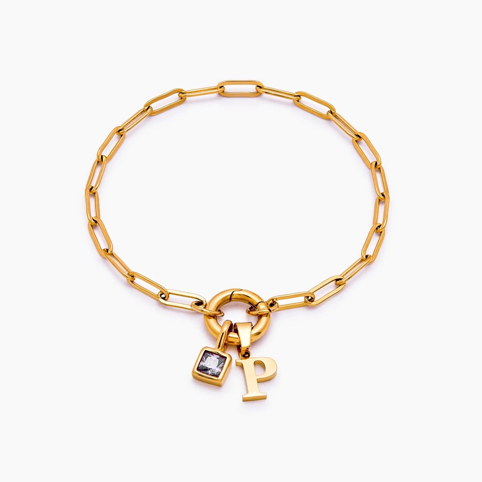 paperclip-initial-birthstone-bracelet — Gold / Apr-Diamond