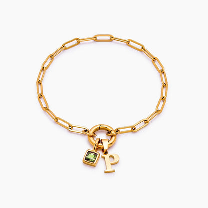 paperclip-initial-birthstone-bracelet — Gold / Aug-Peridot