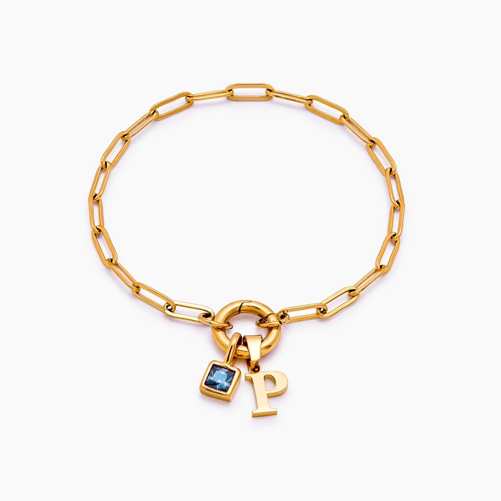 paperclip-initial-birthstone-bracelet — Gold / Dec-Blue Topaz
