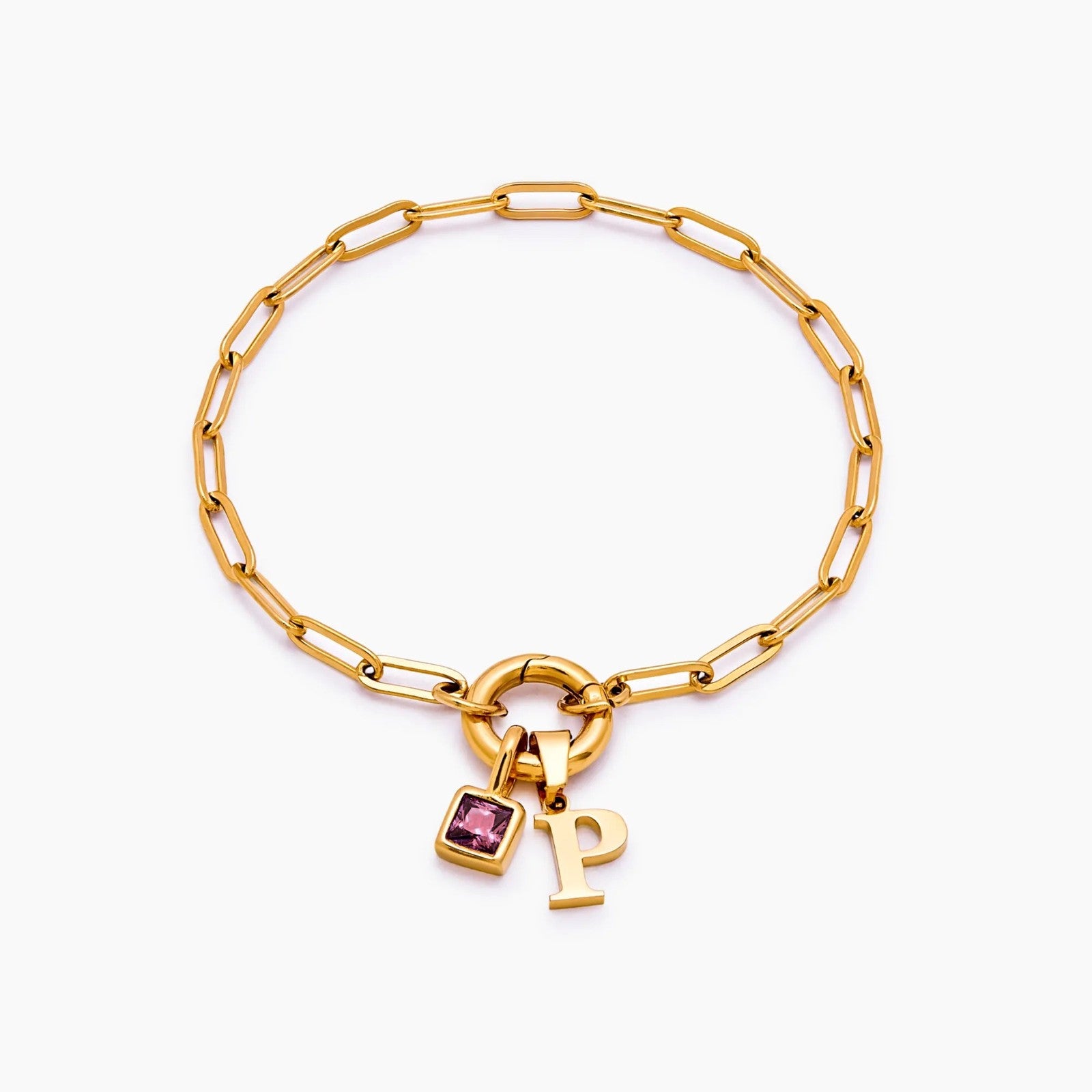paperclip-initial-birthstone-bracelet — Gold / Jul-Ruby