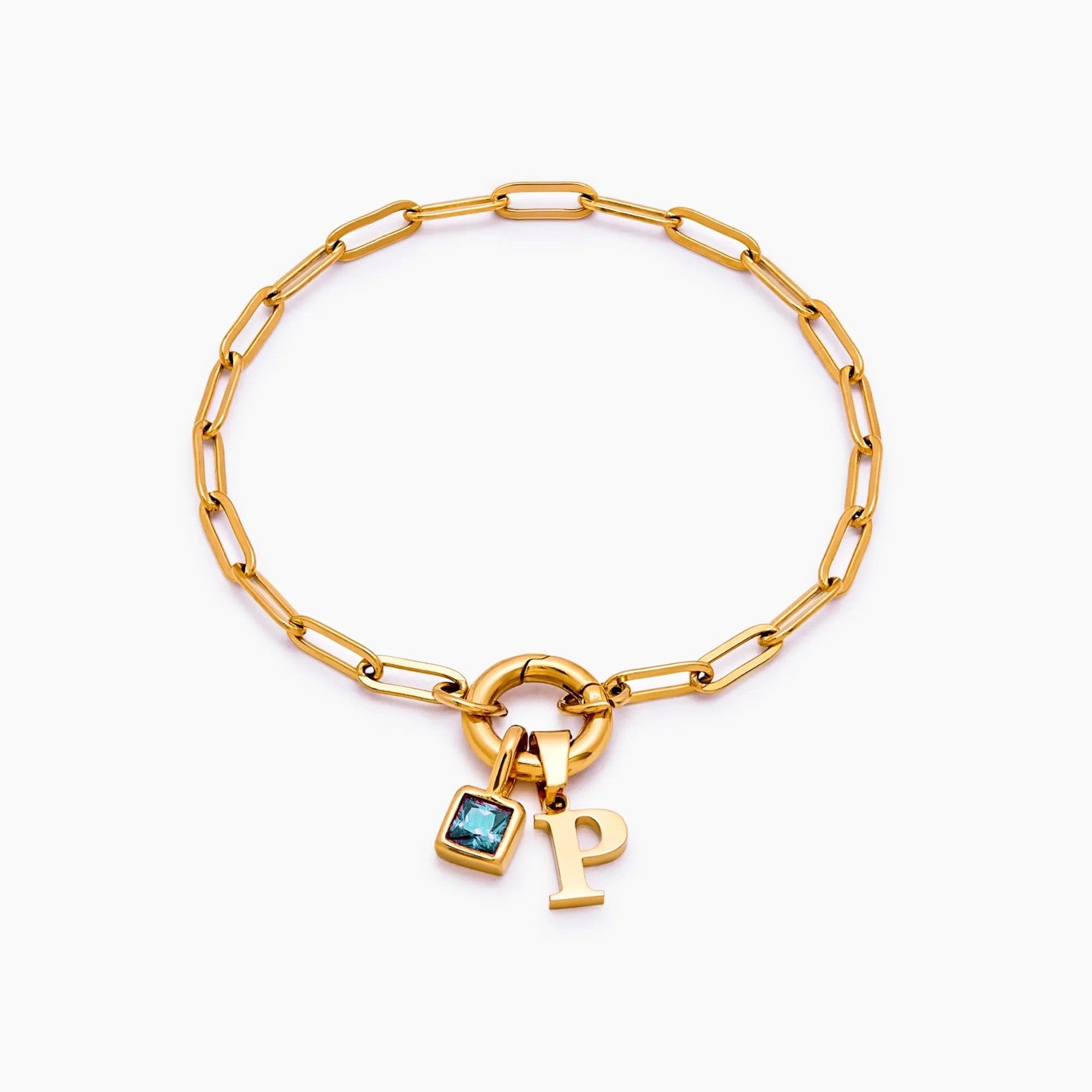 paperclip-initial-birthstone-bracelet — Gold / Mar-Aquamarine