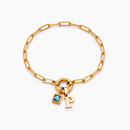 paperclip-initial-birthstone-bracelet — Gold / Mar-Aquamarine