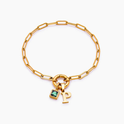 paperclip-initial-birthstone-bracelet — Gold / May-Emerald