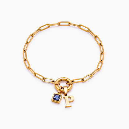 paperclip-initial-birthstone-bracelet — Gold / Sep-Sapphire