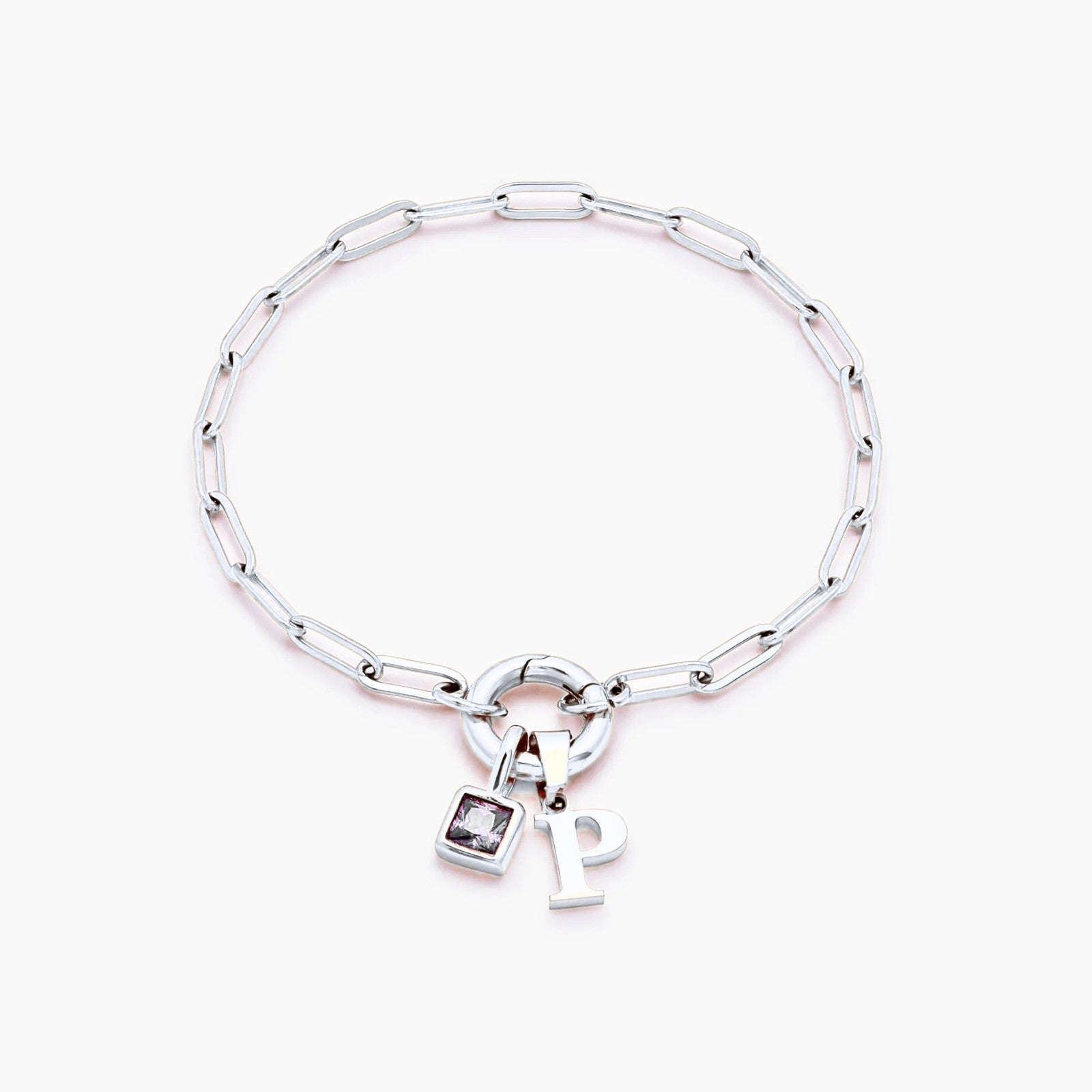 paperclip-initial-birthstone-bracelet — Silver / Apr-Diamond