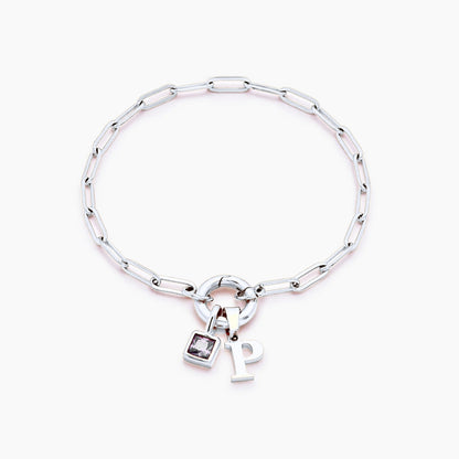 paperclip-initial-birthstone-bracelet — Silver / Apr-Diamond