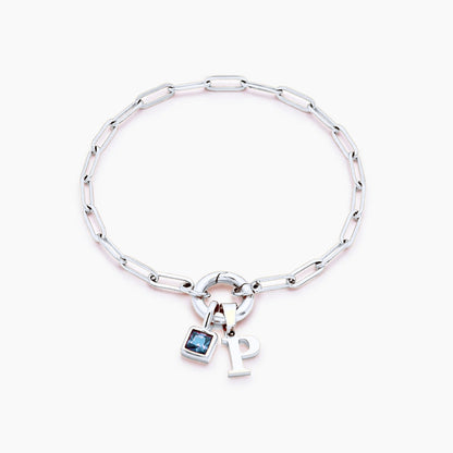 paperclip-initial-birthstone-bracelet — Silver / Dec-Blue Topaz