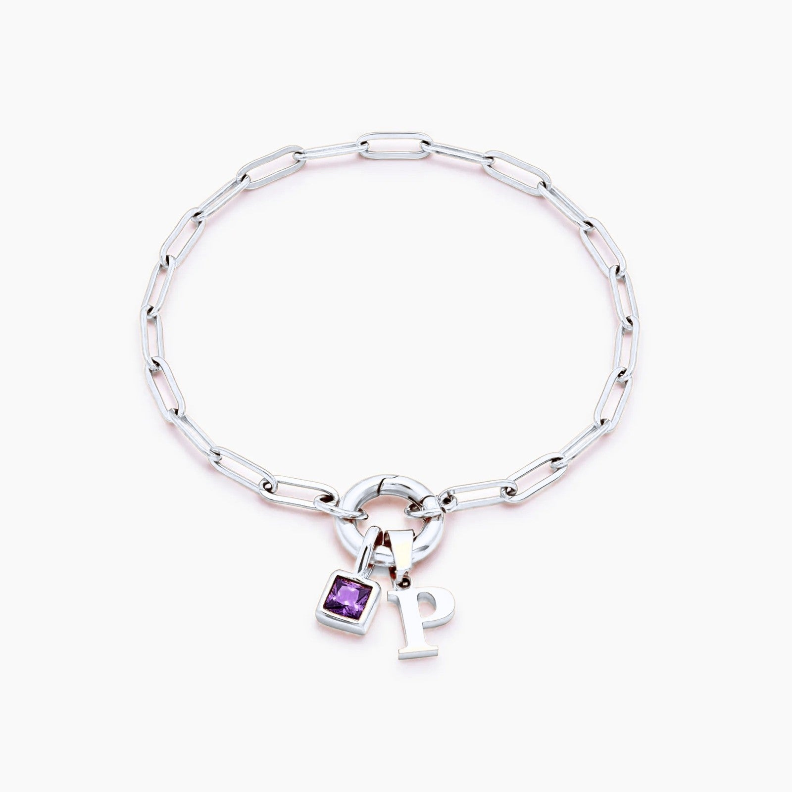 paperclip-initial-birthstone-bracelet — Silver / Feb-Amethyst