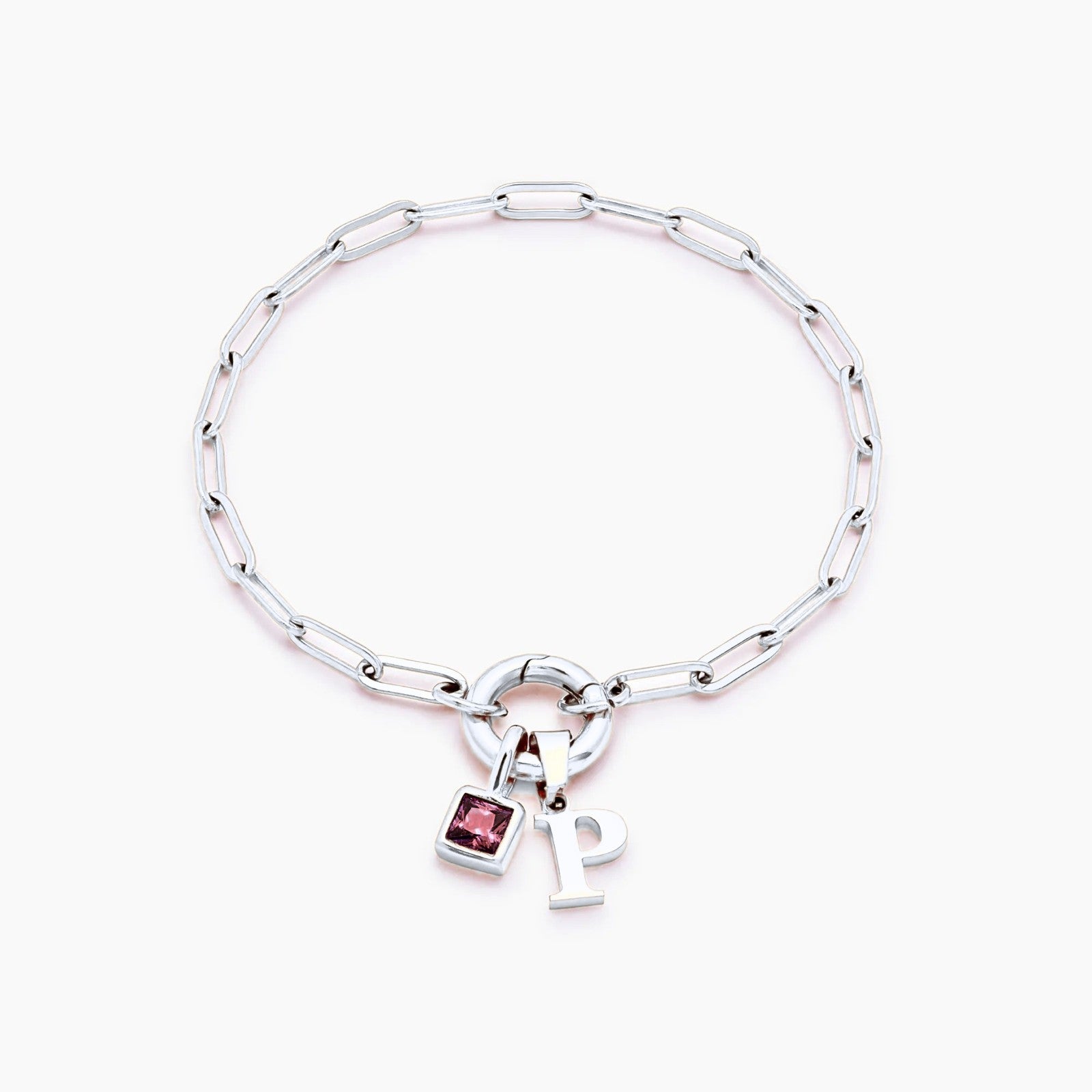 paperclip-initial-birthstone-bracelet — Silver / Jan-Garnet