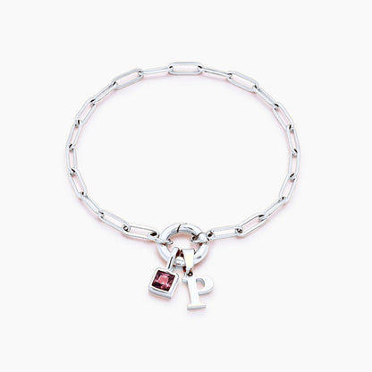 paperclip-initial-birthstone-bracelet — Silver / Jan-Garnet