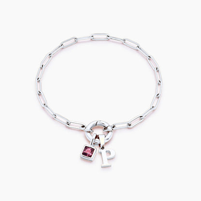 paperclip-initial-birthstone-bracelet — Silver / Jul-Ruby