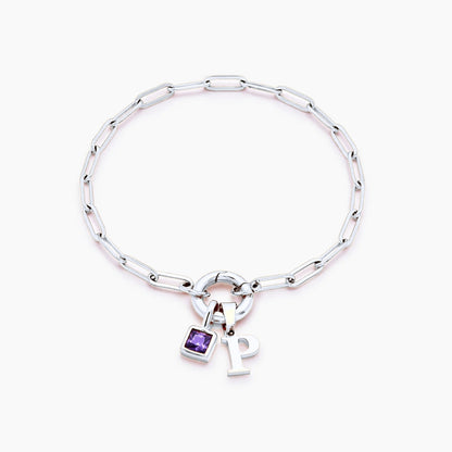 paperclip-initial-birthstone-bracelet — Silver / Jun-Alexandrite