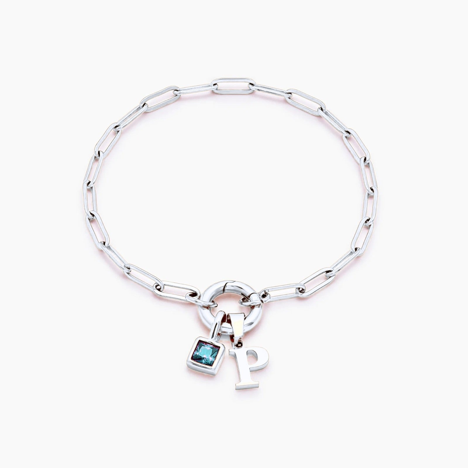 paperclip-initial-birthstone-bracelet — Silver / Mar-Aquamarine