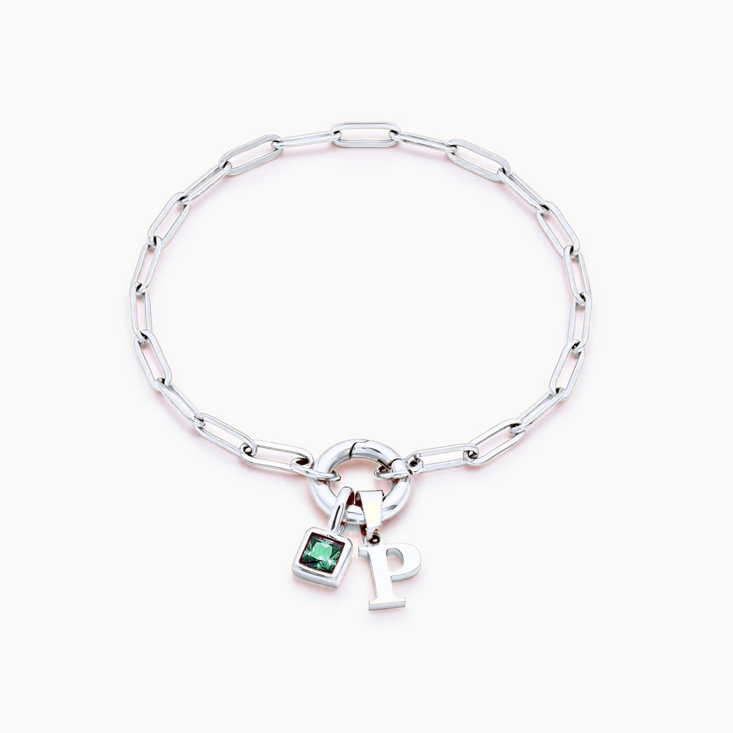 paperclip-initial-birthstone-bracelet — Silver / May-Emerald