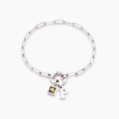 paperclip-initial-birthstone-bracelet — Silver / Nov-Citrine