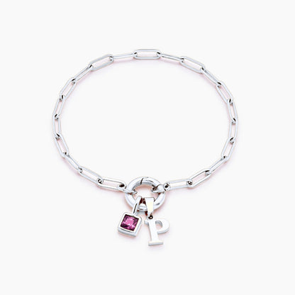 paperclip-initial-birthstone-bracelet — Silver / Oct-Pink Tourmaline