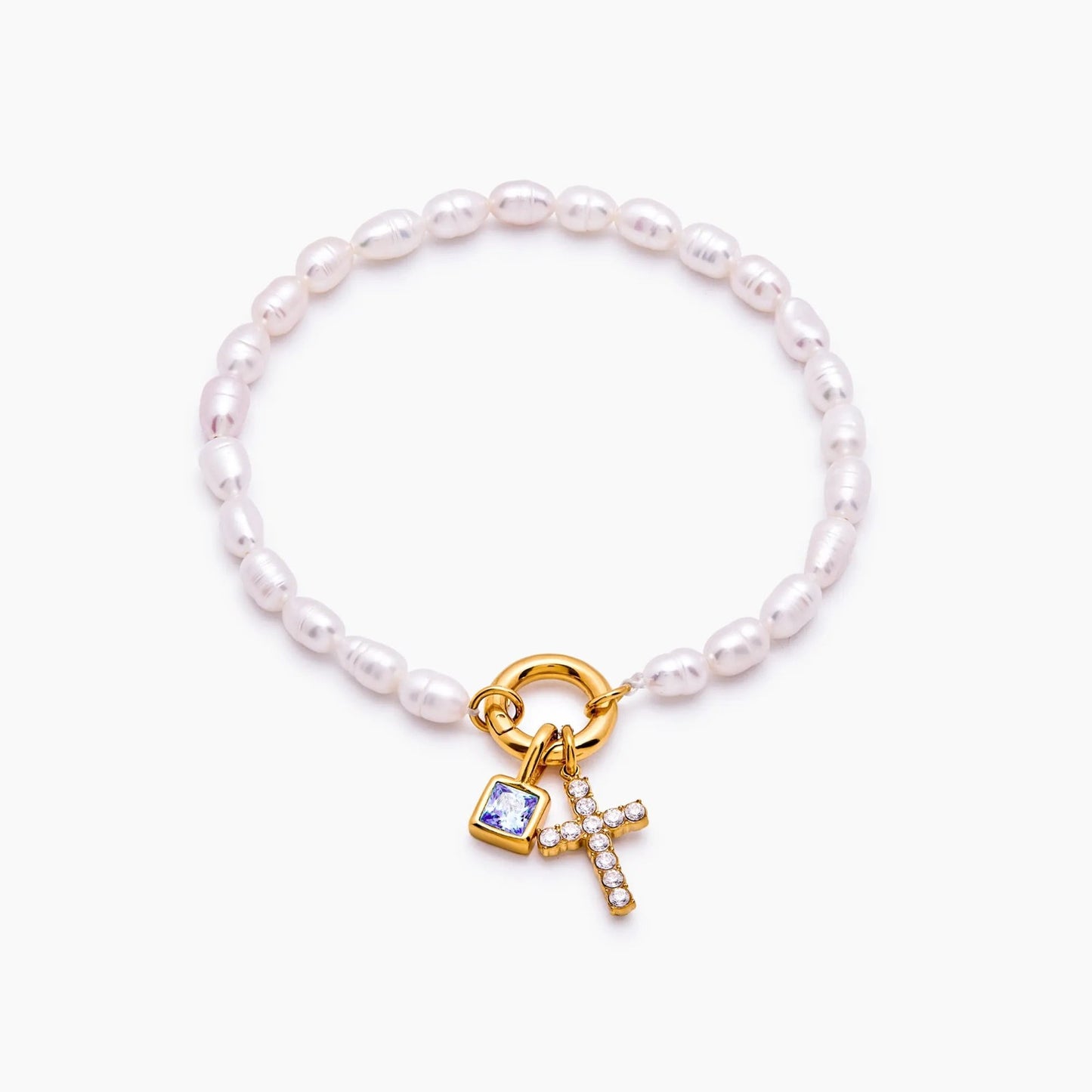 pearl-birthstone-cross-charm-bracelet — Gold / Jun-Alexandrite