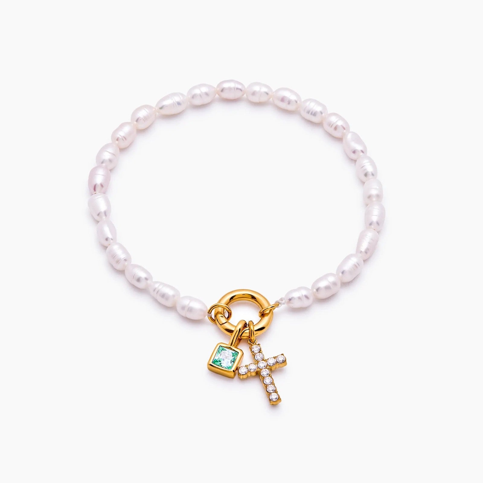 pearl-birthstone-cross-charm-bracelet — Gold / May-Emerald