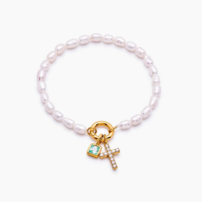 pearl-birthstone-cross-charm-bracelet — Gold / May-Emerald