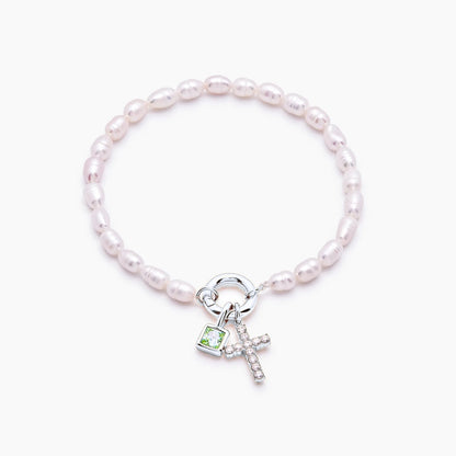 pearl-birthstone-cross-charm-bracelet — Silver / Aug-Peridot