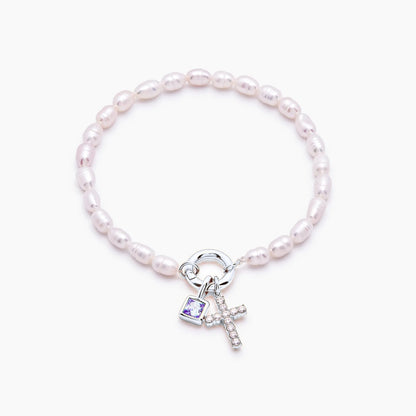 pearl-birthstone-cross-charm-bracelet — Silver / Feb-Amethyst