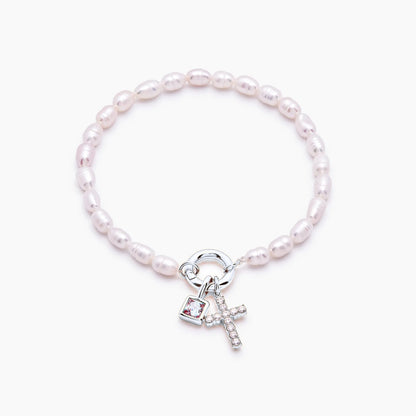pearl-birthstone-cross-charm-bracelet — Silver / Jan-Garnet