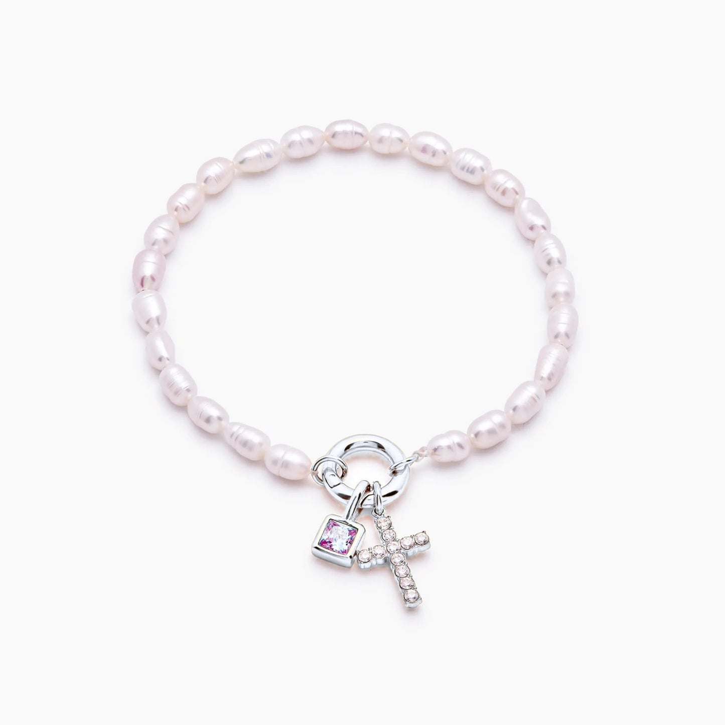 pearl-birthstone-cross-charm-bracelet — Silver / Oct-Pink Tourmaline