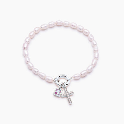 pearl-birthstone-cross-charm-bracelet — Silver / Oct-Pink Tourmaline