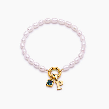 pearl-initial-birthstone-bracelet — Gold / Mar-Aquamarine