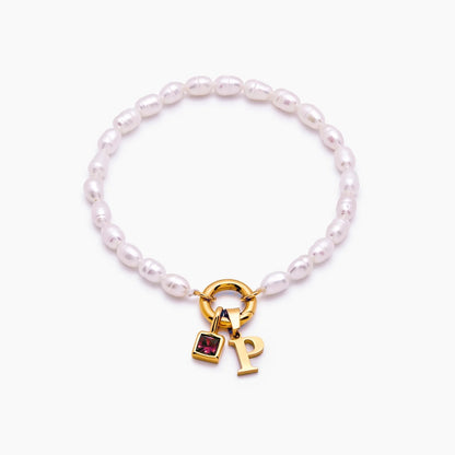 pearl-initial-birthstone-bracelet — Gold / Oct-Pink Tourmaline