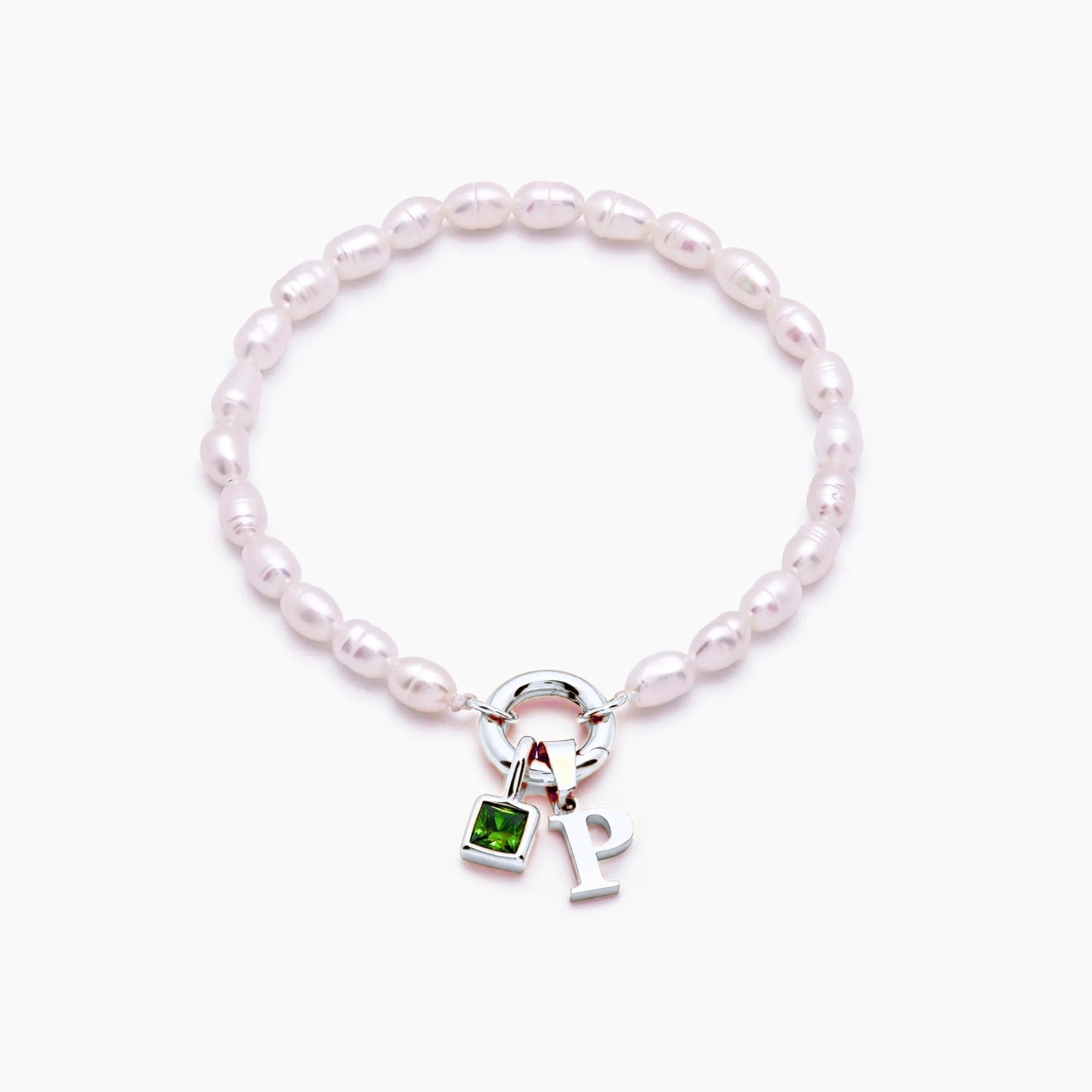 pearl-initial-birthstone-bracelet — Silver / Aug-Peridot