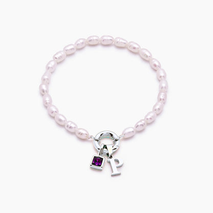 pearl-initial-birthstone-bracelet — Silver / Feb-Amethyst