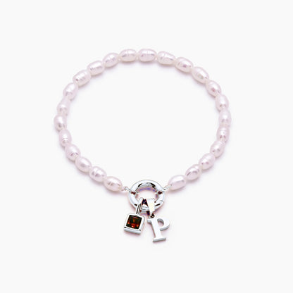 pearl-initial-birthstone-bracelet — Silver / Jan-Garnet