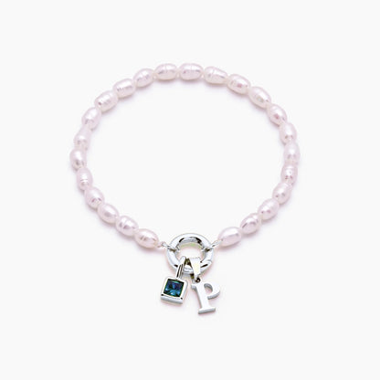 pearl-initial-birthstone-bracelet — Silver / Mar-Aquamarine