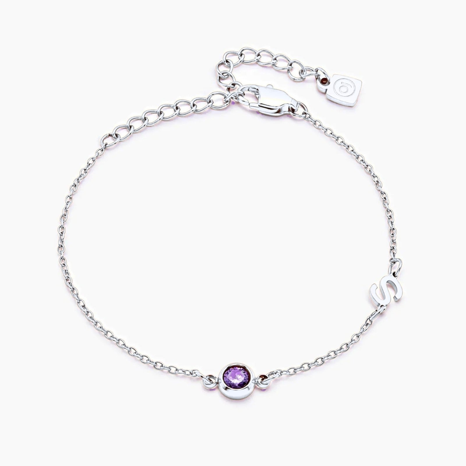 side-set-initial-birthstone-bracelet — Silver / Feb-Amethyst
